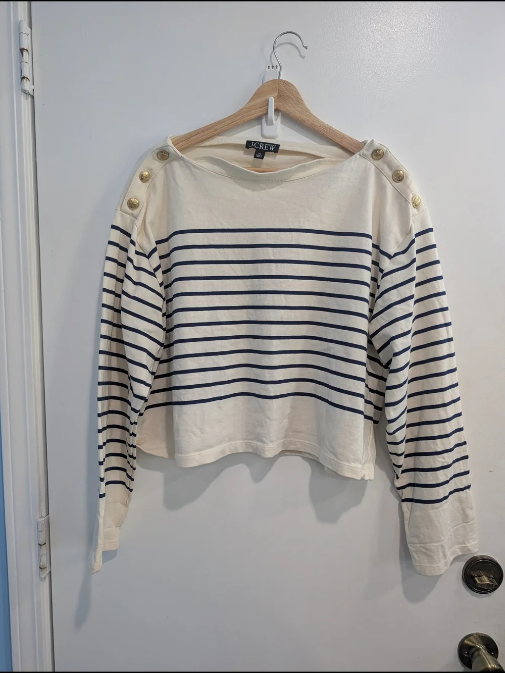 J Crew Cropped Boatneck T-shirt with buttons in Mariner Cotton Size XL